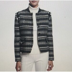 Tory Burch Jacket Size 4 Norfolk Green White Striped Tweed‎ Sequin Wool Blend
